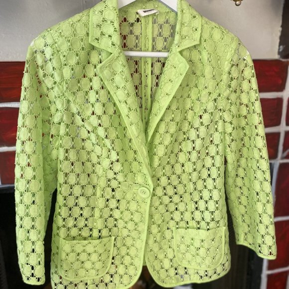 Chico's Jacket Lime Green Lace Cut Out Sheer Button Up 3/4 Sleeves - Picture 11 of 16